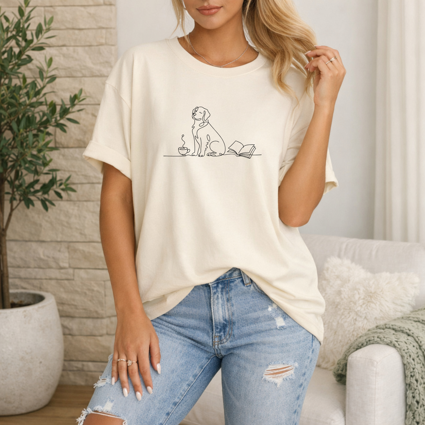 Coffee Dog and Book Premium T Shirt