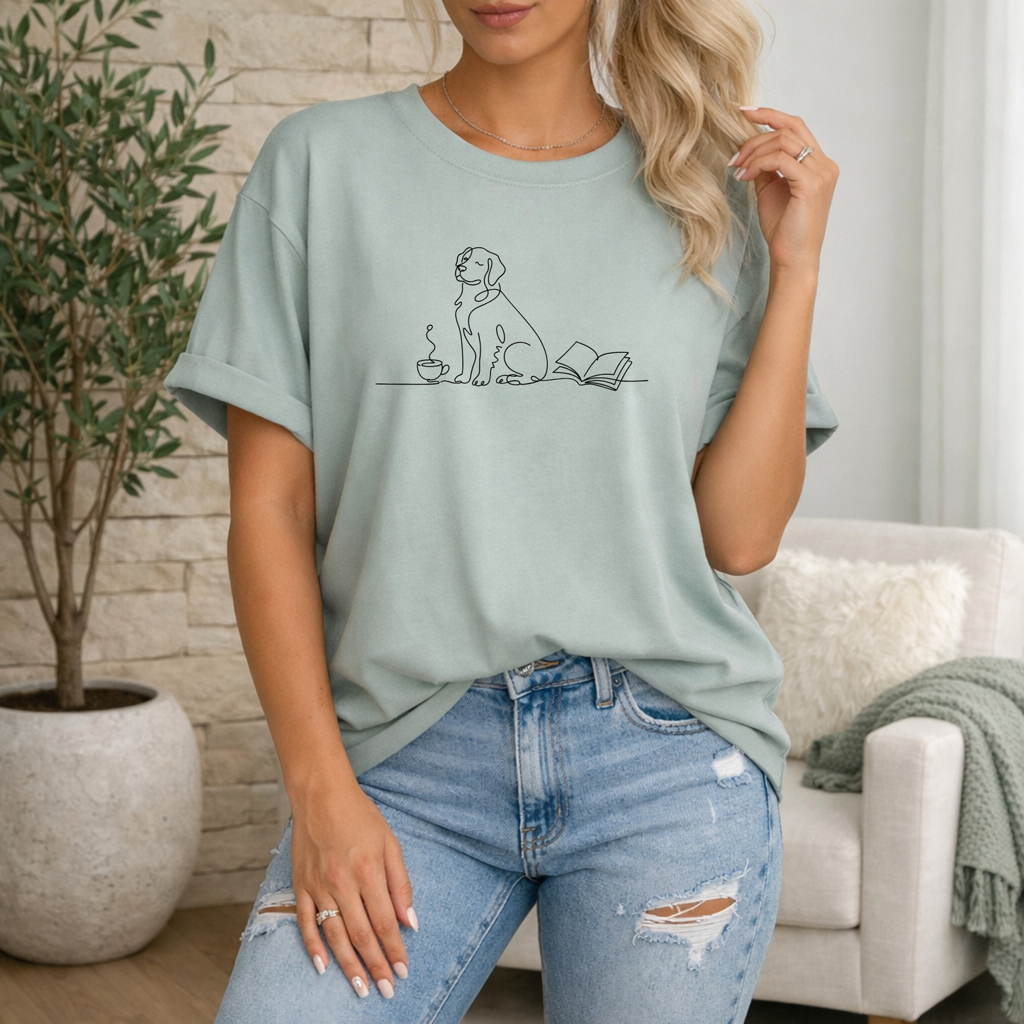 Coffee Dog and Book Premium T Shirt